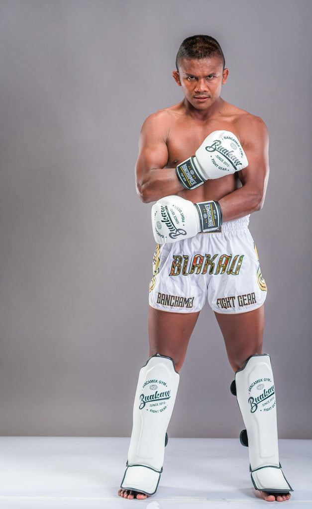 Buakaw Shinguards White (Leather) Buakaw