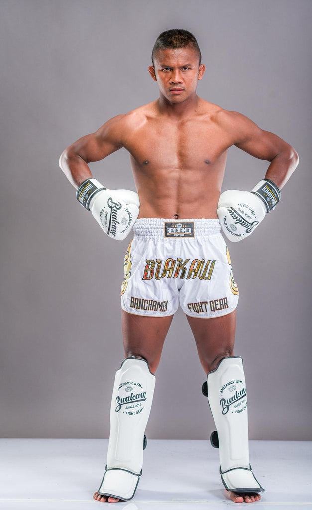 Buakaw Shinguards White (Leather) Buakaw